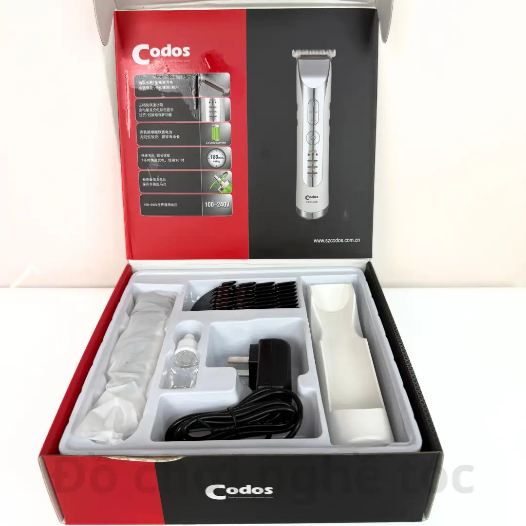 Tông đơ chắn viền Codos CHC-338 chính hãng, lưỡi T sắc bén, cắt sát chuẩn barber, pin LiFePO4 dùng 3 giờ, sạc nhanh. Phù hợp salon, barber và cá nhân.