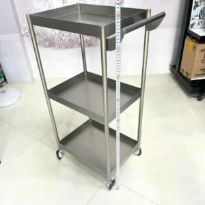Xe Đẩy Inox 3 Tầng Cao Cấp Cho Salon Tóc – Spa, Bánh Xe 360°, Chống Dính Tóc, Nhập Khẩu Trung Quốc – Cao 86cm, Khay 40x30cm